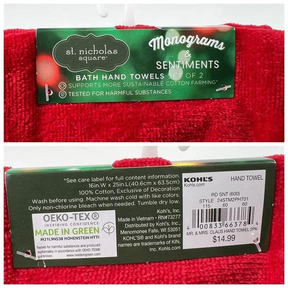 St. Nicholas Square Holiday Season Mr & Mrs Claus Hand Towel 2-pack Set NEW - Picture 4 of 4